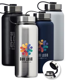Garrafa térmica de inox de 950ml, objeto com tampa líquido, vaso, etiqueta de saúde, bebida, material feito de vidro, plástico e metal, recipiente transparente e brilhante, válvula de spray, equipamento para cuidados pessoais e higiene, ideal para armazenar líquidos quentes ou frios.