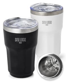 Copo térmico de 300ml em metal prateado, com tampa e parede dupla para conservar a bebida. Ideal para manter a bebida quente ou gelada por mais tempo.