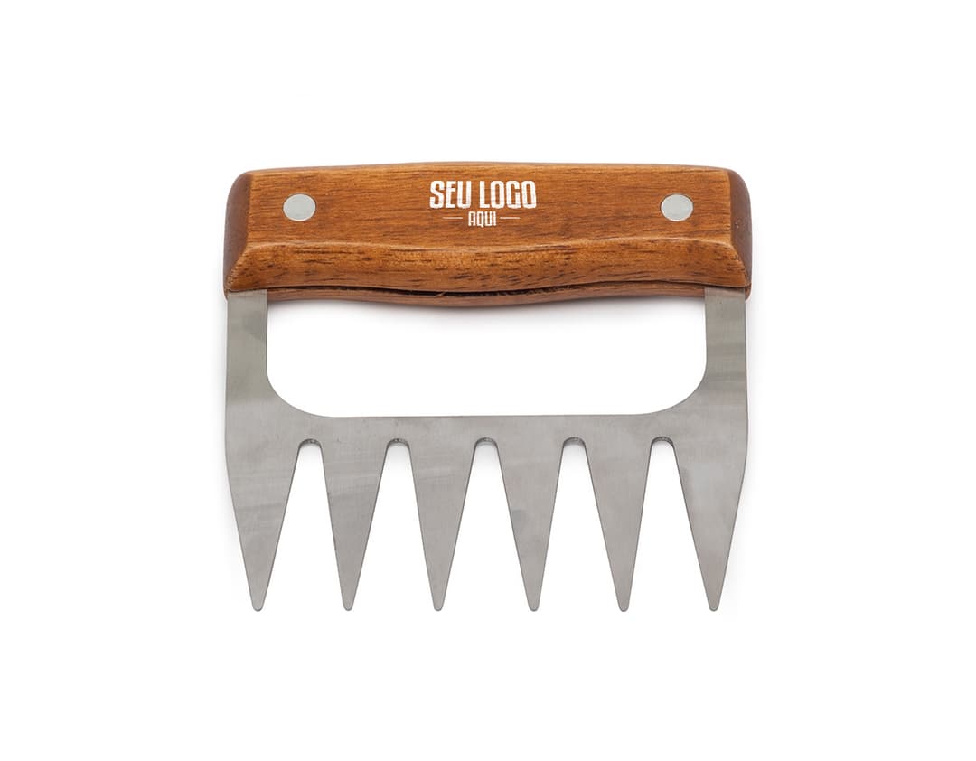 Garra para Churrasco em aço inox com design moderno e cabo de madeira.