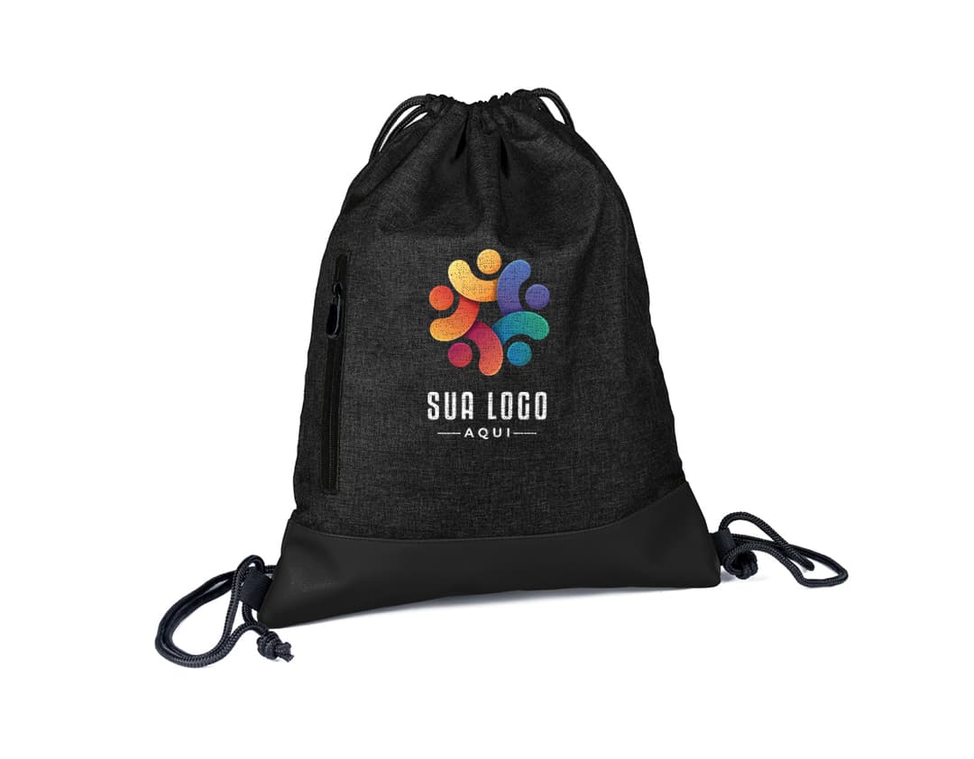 Sacola/Mochila preta de couro moderna, com alça, zíper e bolso. Ideal para viagens, negócios ou compras, acessório de moda elegante e versátil.