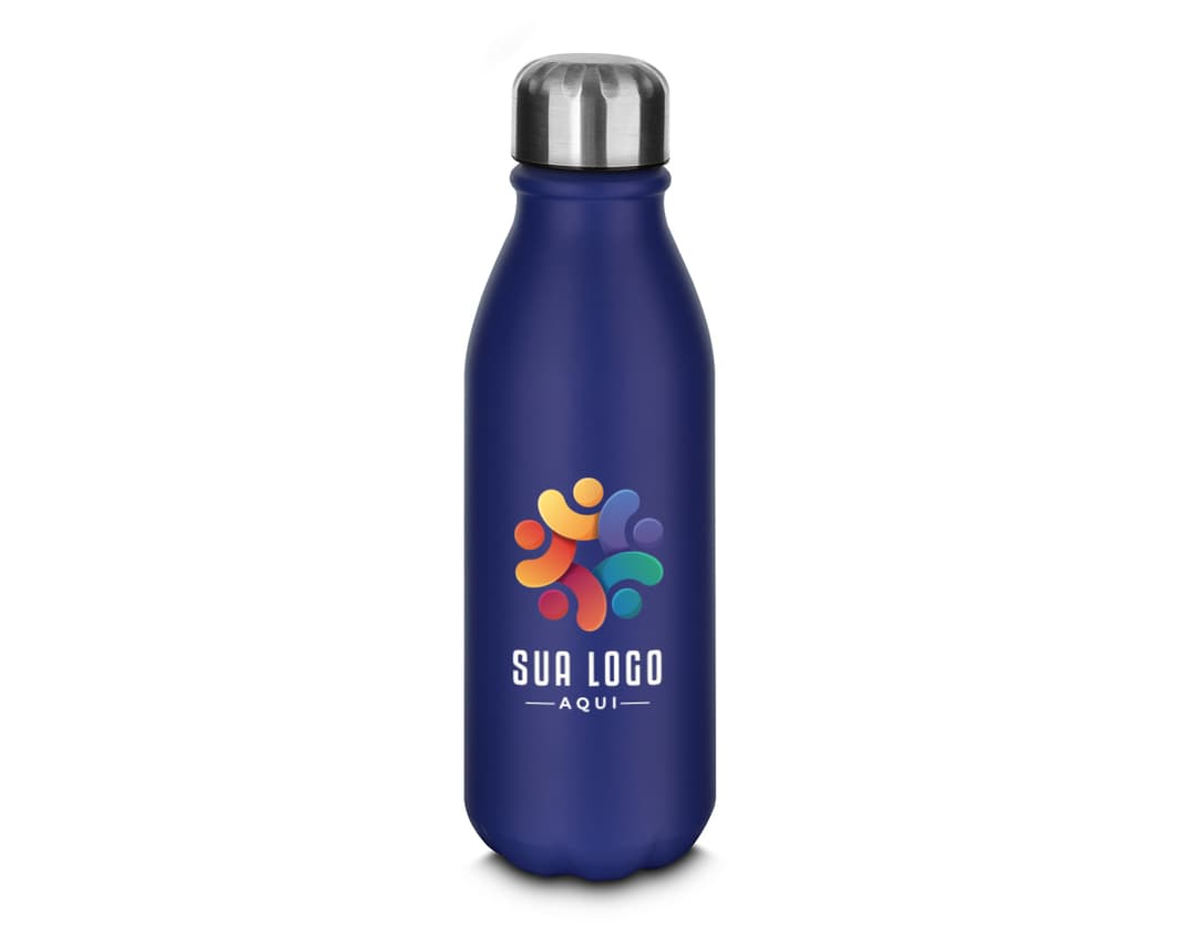 Garrafa de alumínio de 550 ml com rótulo, transparente, vazia, com tampa, em um ambiente iluminado.