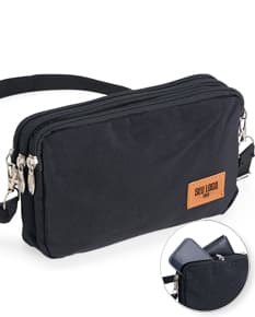 Mini Bolsa Transversal de Nylon preta, ideal para viagens e negócios. Possui alça ajustável, fecho em zíper e design moderno e elegante. Ótima opção para transporte de dinheiro e objetos pessoais com segurança.