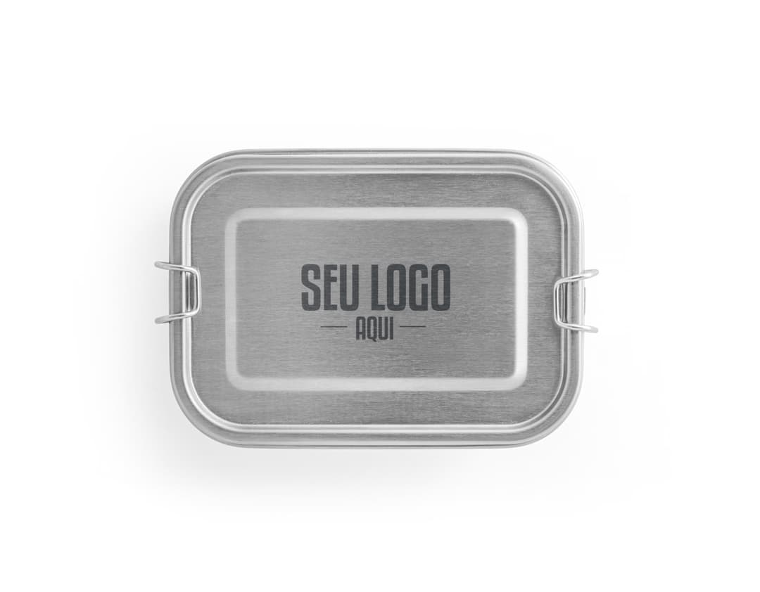 Marmita hermética de metal prateado com alça preta, fechadura, botão de segurança e visor digital. Container resistente para armazenamento de comida, ideal para transporte e armazenamento de refeições.