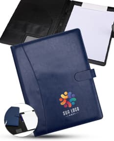 Pasta de convenção em couro preto com fecho imantado, ideais para armazenar documentos, laptop, dinheiro e outros objetos de trabalho. Perfeitas para celebrar a formatura ou conquista de sucesso.