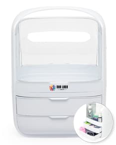 Caixa organizadora de cosméticos em formato de botão quadrado, com chave e sombra. Feito de plástico transparente e moderno, com teclado brilhante e metálico. Possui design simples e brilhante, na cor laranja vibrante e roxo. Ideal para organizar produtos de beleza e protegê-los.