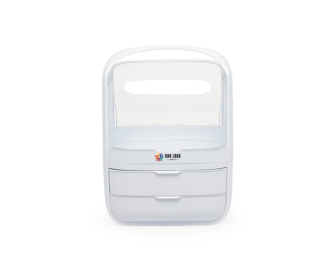 Caixa organizadora de cosméticos em formato de botão quadrado, com chave e sombra. Feito de plástico transparente e moderno, com teclado brilhante e metálico. Possui design simples e brilhante, na cor laranja vibrante e roxo. Ideal para organizar produtos de beleza e protegê-los.