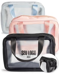Nécessaire PVC transparente com zíper e alça.