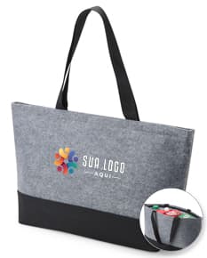 Bolsa térmica 13 litros nas cores azul e cinza, com alça ajustável e fecho em zíper.