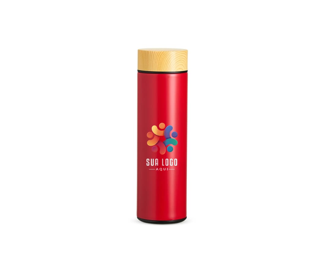 Garrafa térmica de 450ml em aço inoxidável, com tampa rosqueável e alça para transporte. Cor predominante: prata.