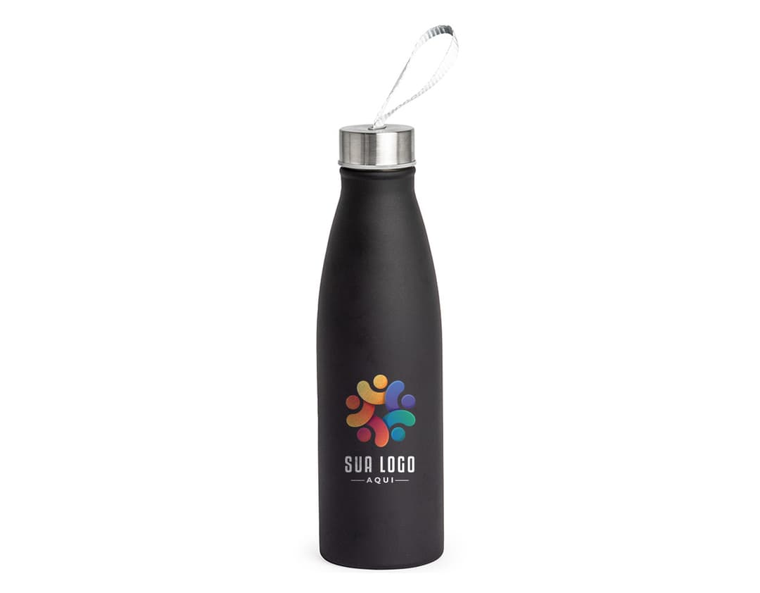Garrafa de aço inoxidável de 800ml em fundo branco.