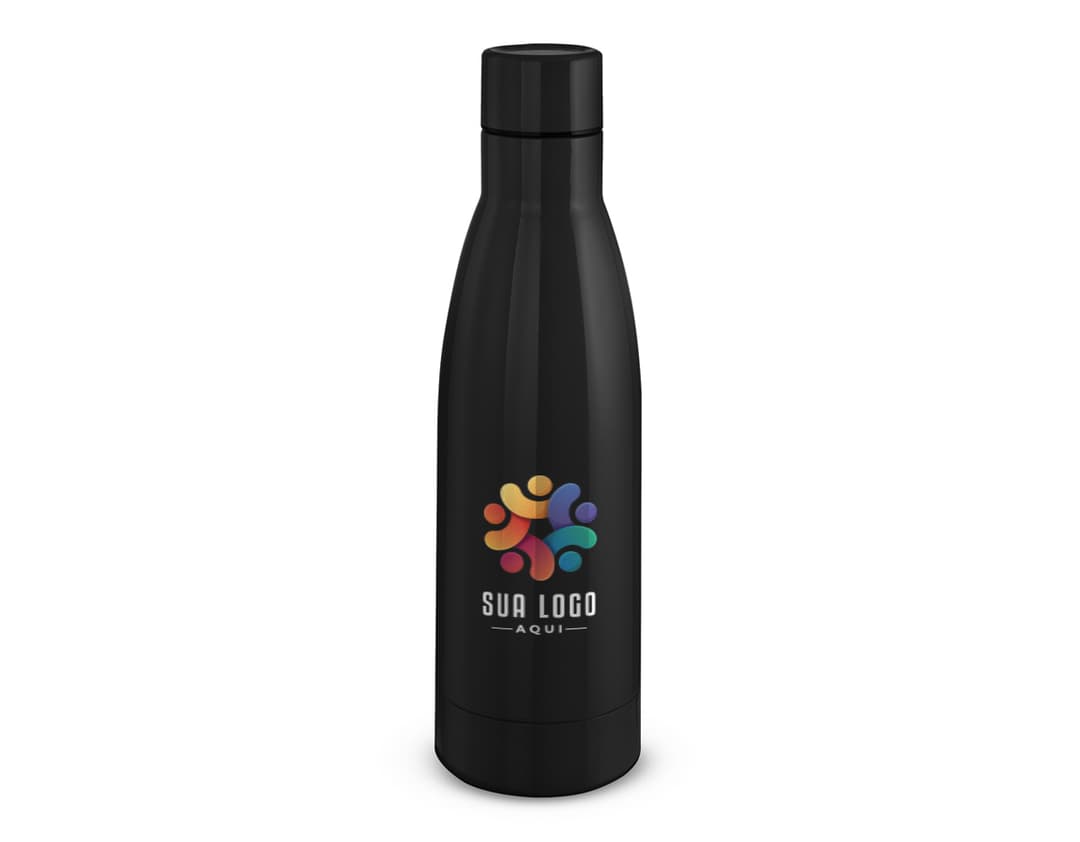 Garrafa térmica de 450ml na cor prata com tampa rosqueável e alça para transporte.