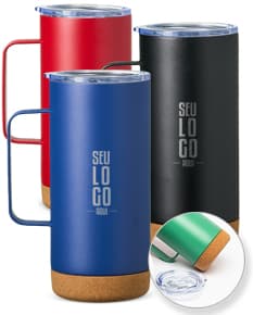 Caneca térmica de 500ml com revestimento de cortiça.