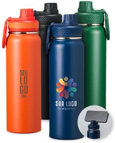Garrafa Térmica 850ml em aço inoxidável com tampa de rosca e alça para transporte. Cor predominante: prata.