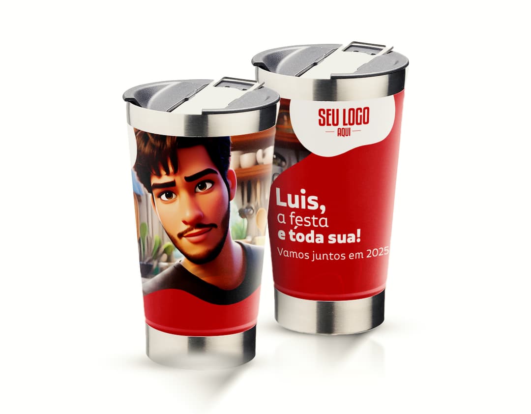 Copo térmico personalizado com estampa de flores coloridas.