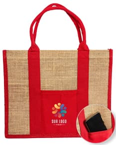 Sacola de linho marrom vazia com detalhes em metal e alças de couro, perfeita para compras e acessórios de moda de luxo.