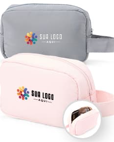 necessaire de poliéster rosa vazia com design moderno, símbolo de economia e finanças, objetos domésticos em destaque.