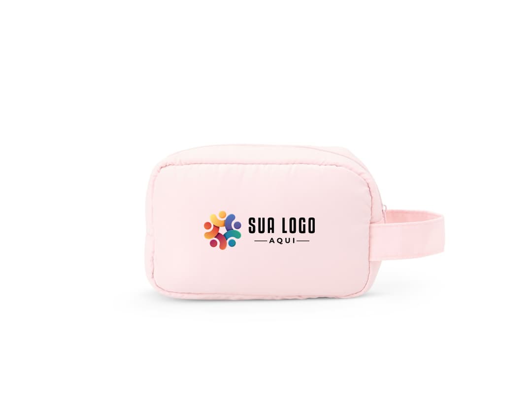 necessaire de poliéster rosa vazia com design moderno, símbolo de economia e finanças, objetos domésticos em destaque.