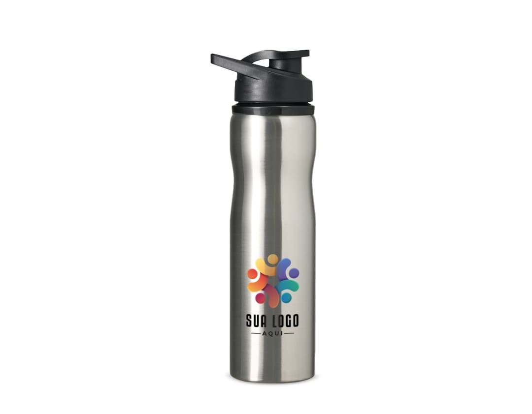 Garrafa squeeze de aço inoxidável de 800ml, com tampa e acabamento prateado. A imagem mostra o objeto sozinho, em um fundo preto, destacando seu design moderno e elegante.
