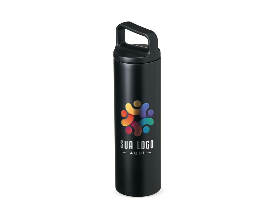 Garrafa térmica 600ml em metal prateado e design clean. Objeto de tecnologia que mantém líquidos quentes ou gelados por horas.