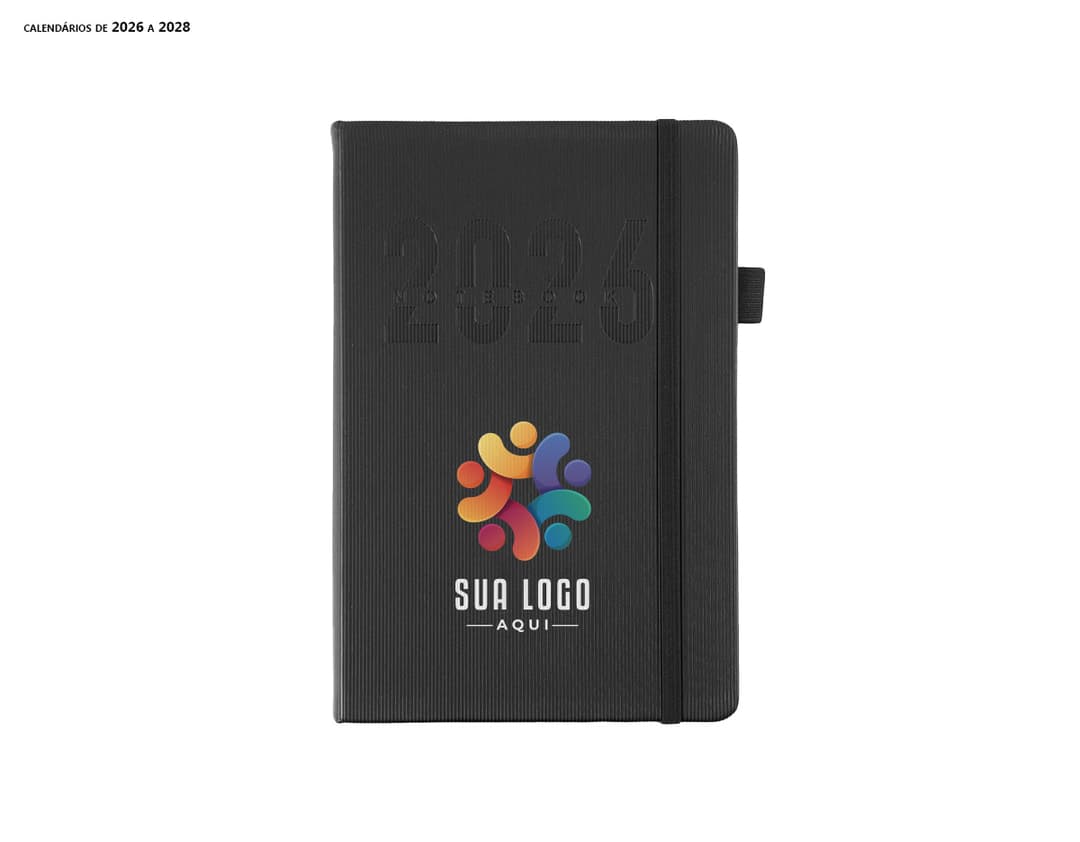 Agenda Diária 2025 em capa dura preta com detalhes em dourado e frase "2025" em destaque. Páginas internas brancas com marcação de dias e meses.