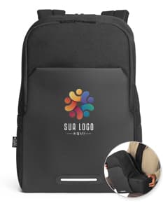 Mochila preta de couro moderna equipada com zíper, alça de transporte e bolsos. Ideal para viagens de negócios ou uso diário no escritório.