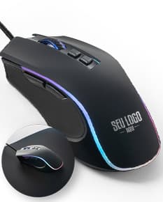Mouse para jogos em cor preta e prata, com tecnologia óptica, botões de clique e rolagem, cabos de conexão, design moderno e sem fio. Ideal para uso em jogos de computador e equipamentos eletrônicos.