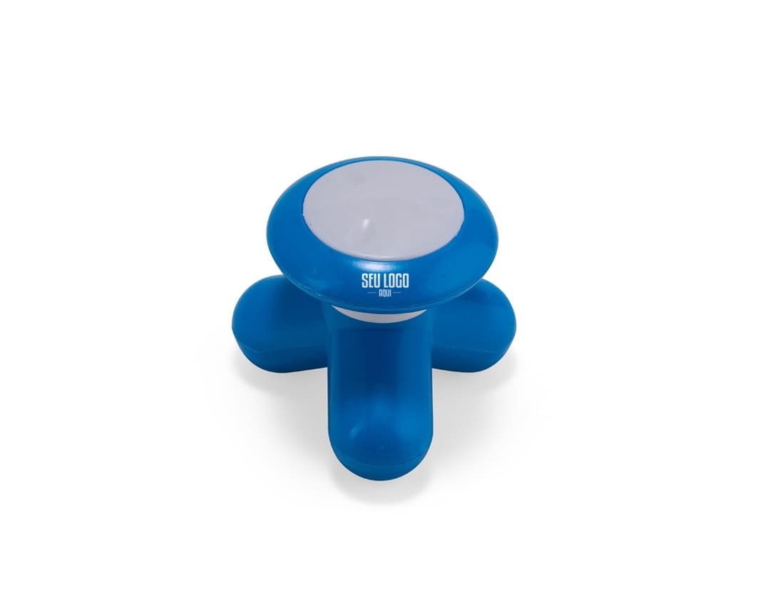 Mini Massageador Corporal em forma de bastão, cor branca com detalhes em rosa. Possui cabeça massageadora e botão de ligar/desligar na parte superior. Ideal para relaxar e aliviar tensões musculares.