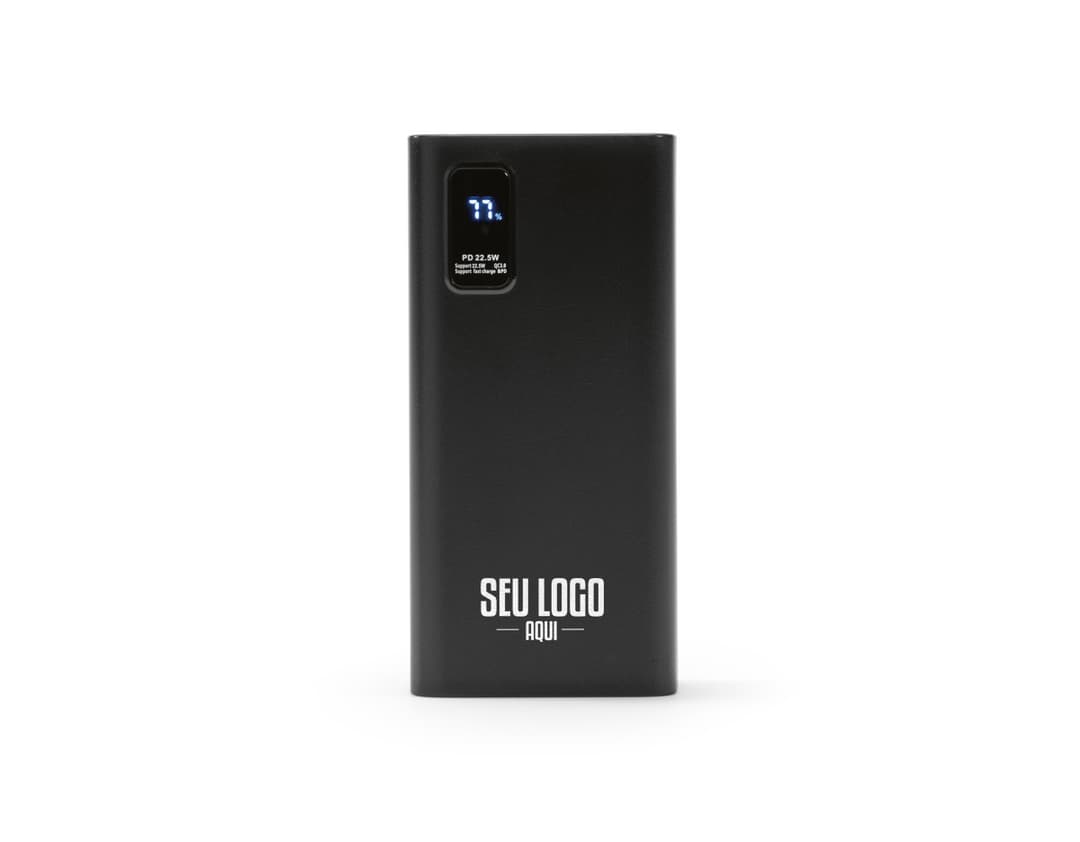 Equipamento moderno de tecnologia, uma bateria portátil em lítio com capacidade de 30.000 mAh, em um design preto e prata. Ideal para armazenamento e fornecimento de energia para dispositivos eletrônicos móveis, com conexão USB e botões de controle. Perfeito para uso em casa, escritório, estúdio ou em festas, garantindo entretenimento com alta qualidade de som através de seu alto-falante estéreo embutido.