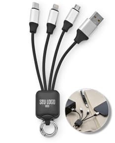 Cabo USB de carregamento rápido 3 em 1, com conexões para dispositivos Apple, Android e Tipo C.