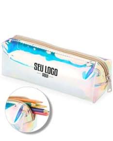 Estojo plástico holográfico com cores vibrantes e efeito holográfico.