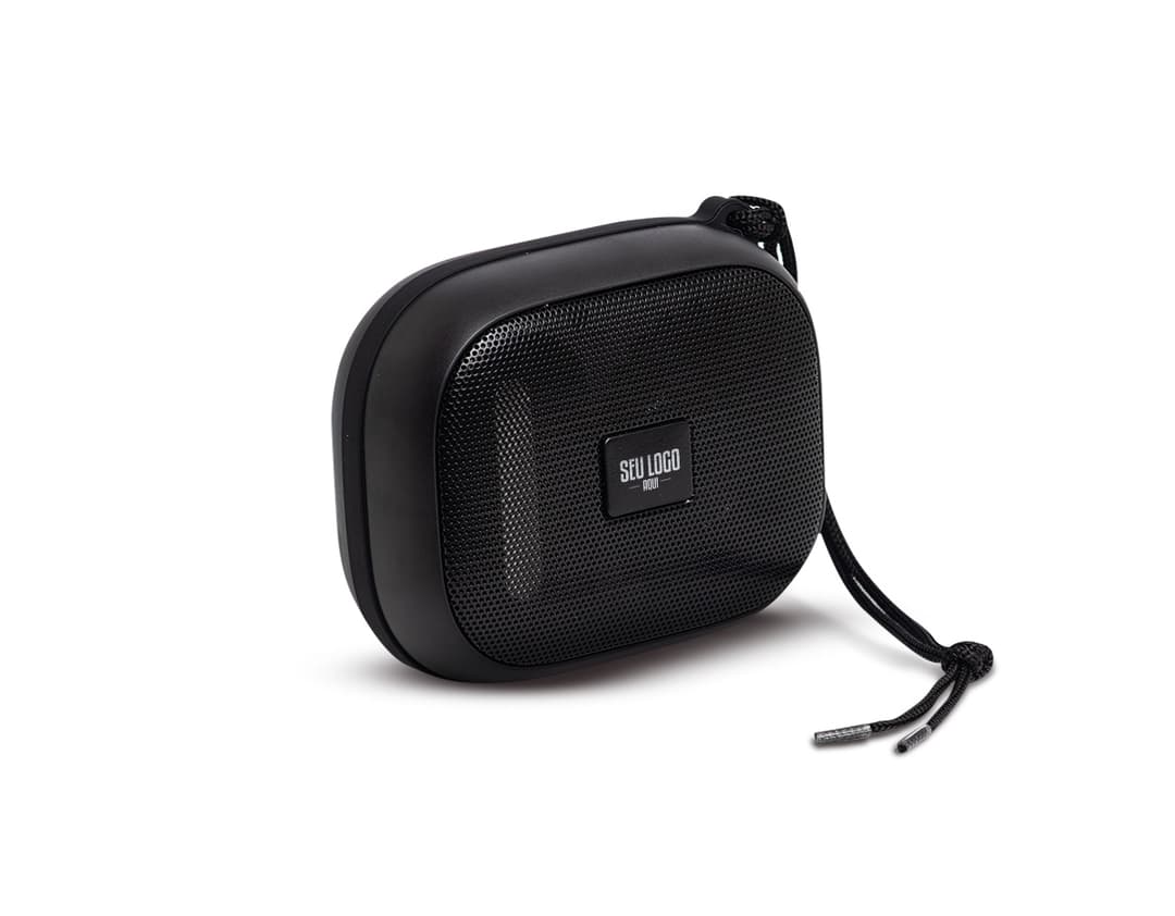 Caixa de som Bluetooth preta com design moderno e elegante, possui botões de controle na parte superior e conexão sem fio para dispositivos móveis.
