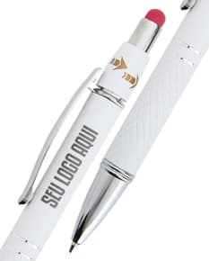 Caneta metal touch antiestresse, na cor prata, com ponta touch screen e design elegante.