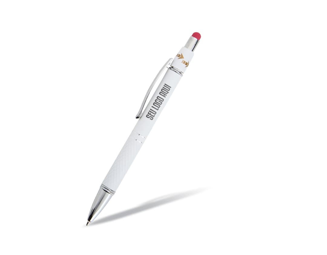 Caneta metal touch antiestresse, na cor prata, com ponta touch screen e design elegante.