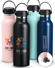 Garrafa térmica de aço inoxidável com capacidade de 550ml e infusor para chá.