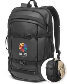 Mochila preta para notebook, com alças ajustáveis e bolso frontal com zíper.