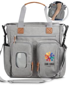 Bolsa multifuncional preta de couro, estilo moderno e elegante, com alça de mão e alça de ombro ajustável. Possui zíper, bolsos com fivela, fecho de metal e bolso interno. Ideal para viagens, trabalho ou uso casual.