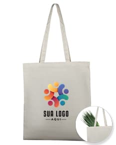 Bolsa de Algodão 180g/m² marrom e surpresa, vazia, com alça de plástico e design moderno, em um cenário de estúdio luxuoso.