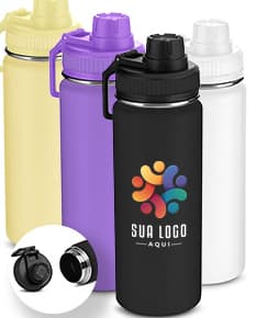 Garrafa térmica inox de 570ml, na cor prata, com tampa rosqueável e alça para transporte.