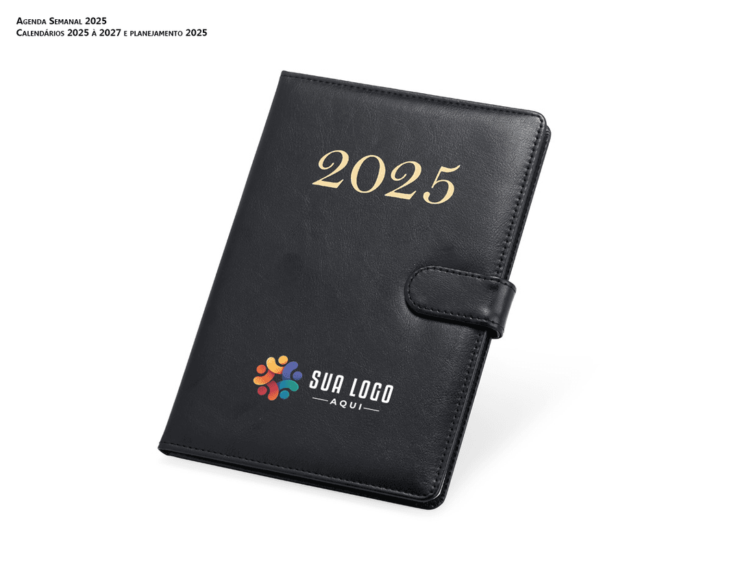 Agenda Semanal 2025 com capa de couro preto e páginas em branco para anotações diárias.