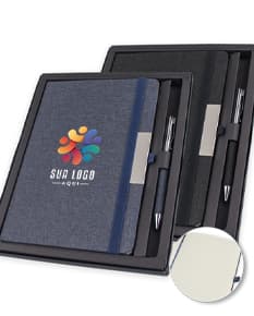 Kit contendo um caderno de anotações com capa dura e uma caneta elegante ao lado.
