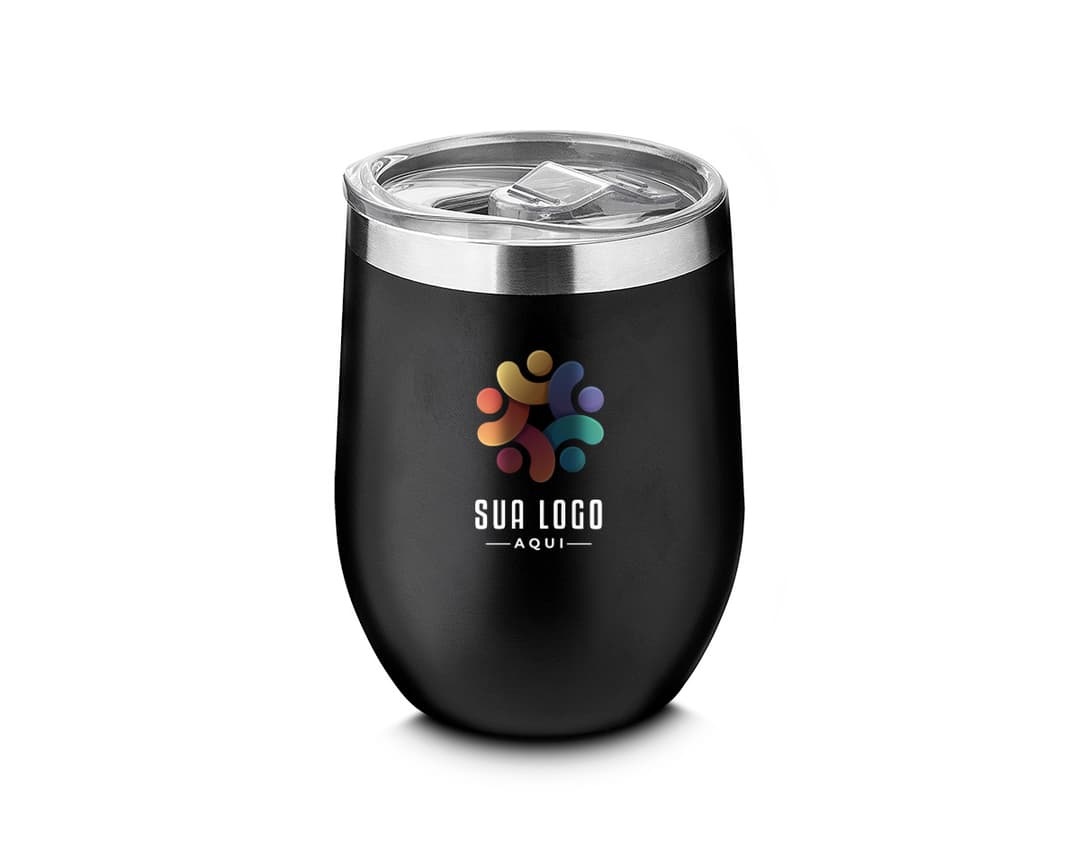 Copo térmico de 350ml na cor branca, com tampa de rosca e design moderno.
