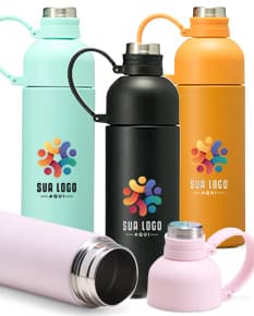 Garrafa Térmica 460ml na cor verde limão, com tampa de rosquear e alça para transporte.