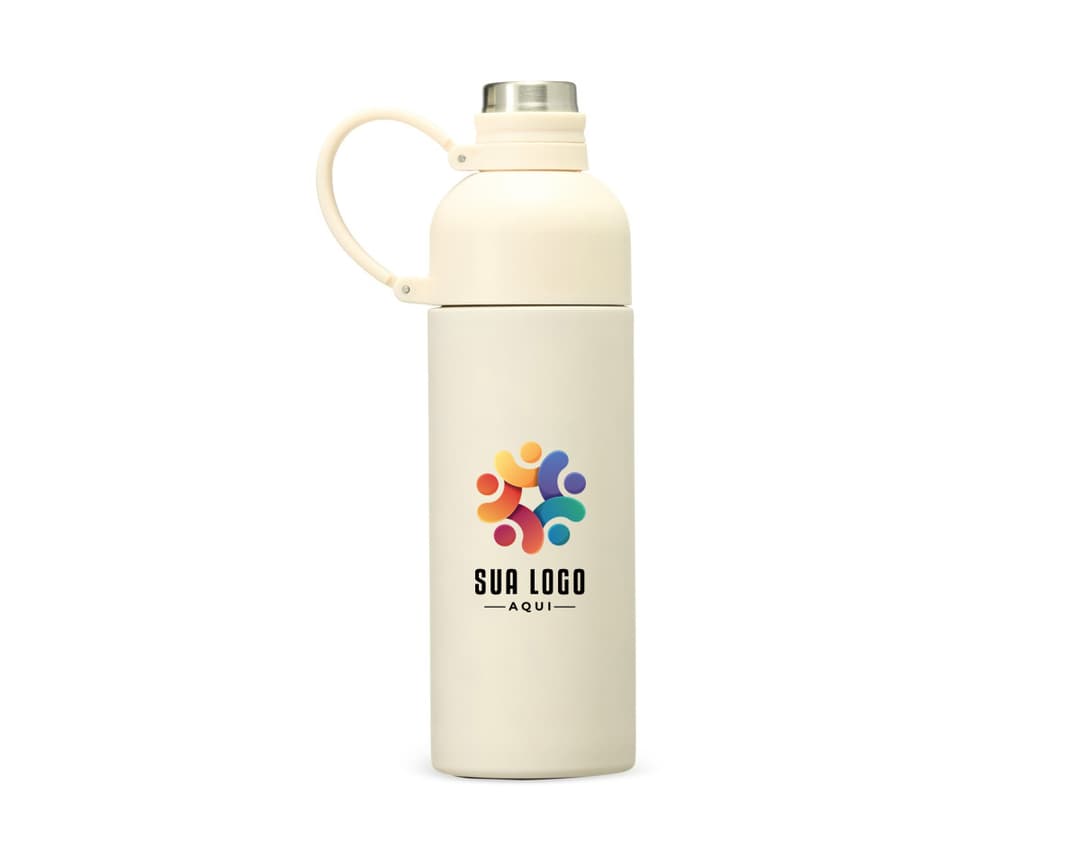 Garrafa Térmica 460ml na cor verde limão, com tampa de rosquear e alça para transporte.