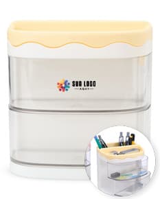 Organizador de Mesa em madeira com divisórias e gaveta, ideal para armazenar papéis e materiais de escritório.