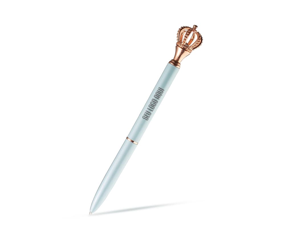 Caneta metal coroa de cor prateada, com design elegante e detalhes em relevo.
