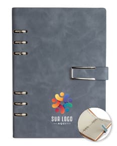 Caderno Fichário PU em cor preta, com fecho magnético e ferragem prateada.