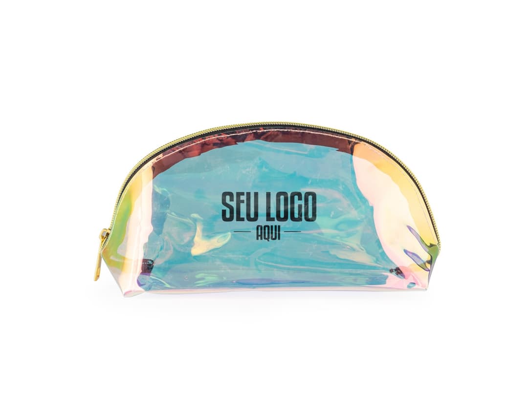 Necessaire de plástico holográfico em formato retangular, com zíper prateado e alça de mão.