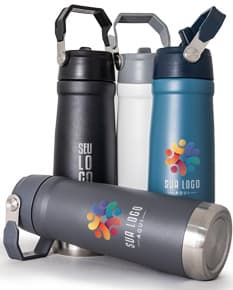 Garrafa Térmica 630ml na cor azul com tampa de rosca e alça de transporte.