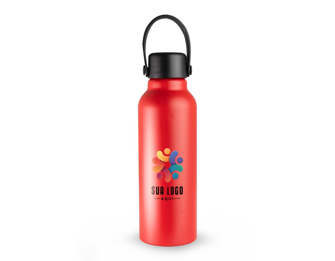 Garrafa de alumínio de 800ml transparente, com tampa amarela. Produto contém rótulo de design limpo e está cheio de água. A garrafa é um recipiente de líquido saudável e fresco, ideal para hidratação e cuidados pessoais.