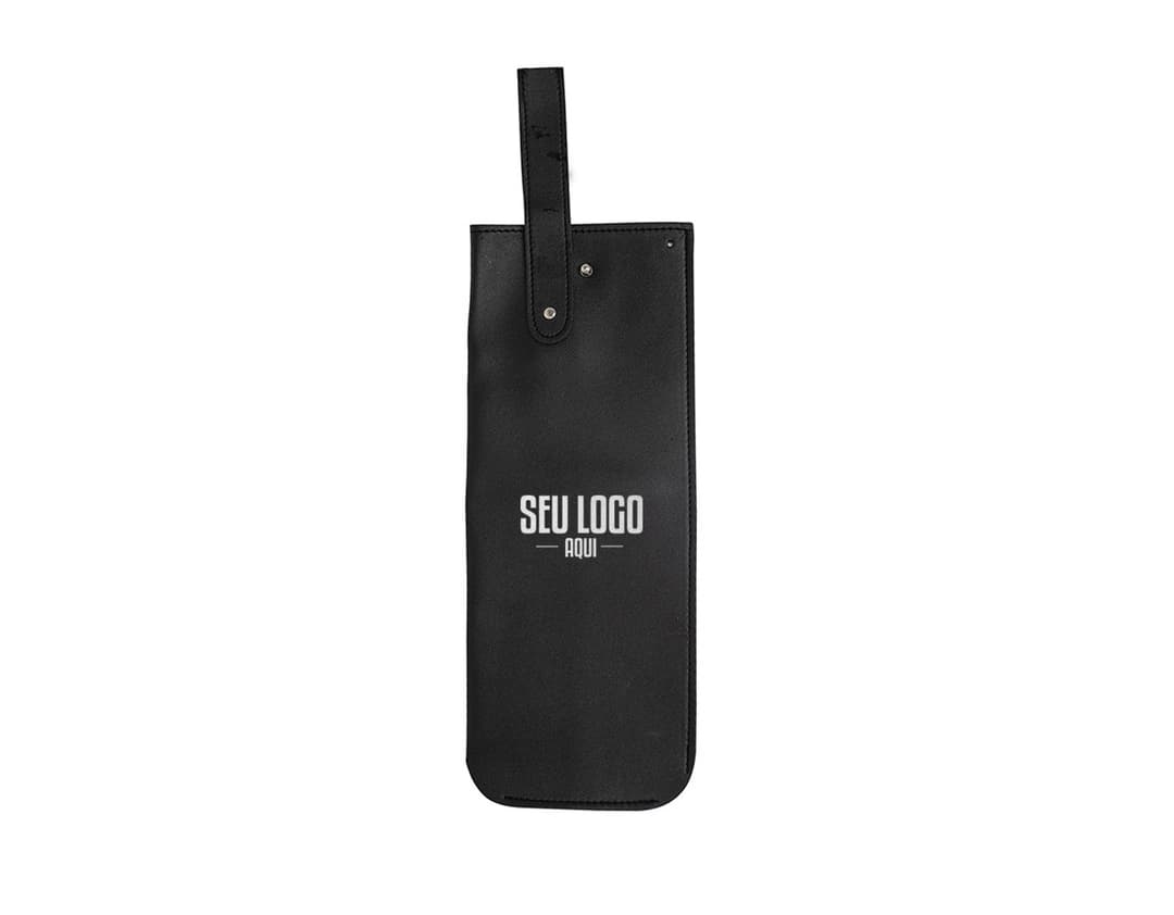 Porta Vinho PU preto com alça de couro, design elegante e prático para transportar garrafas de vinho com segurança.